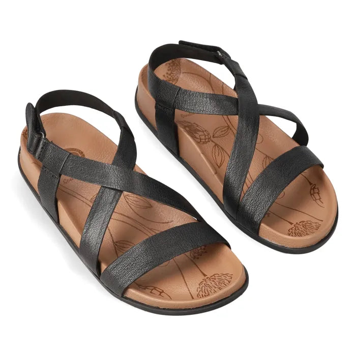 Black strappy sandals on a white background