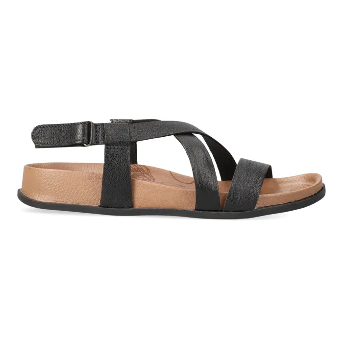 Black sandal with tan insole on a white background