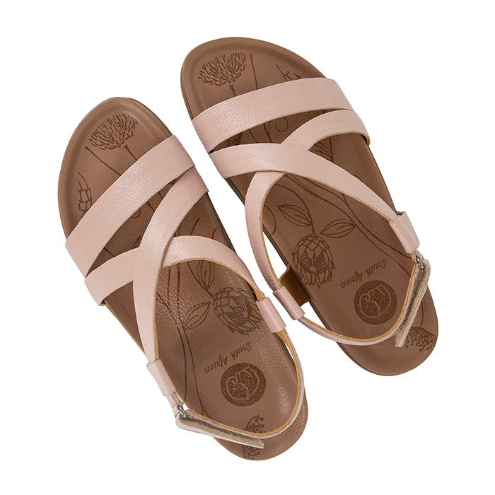 Pair of pink sandals with a brand logo on a white background