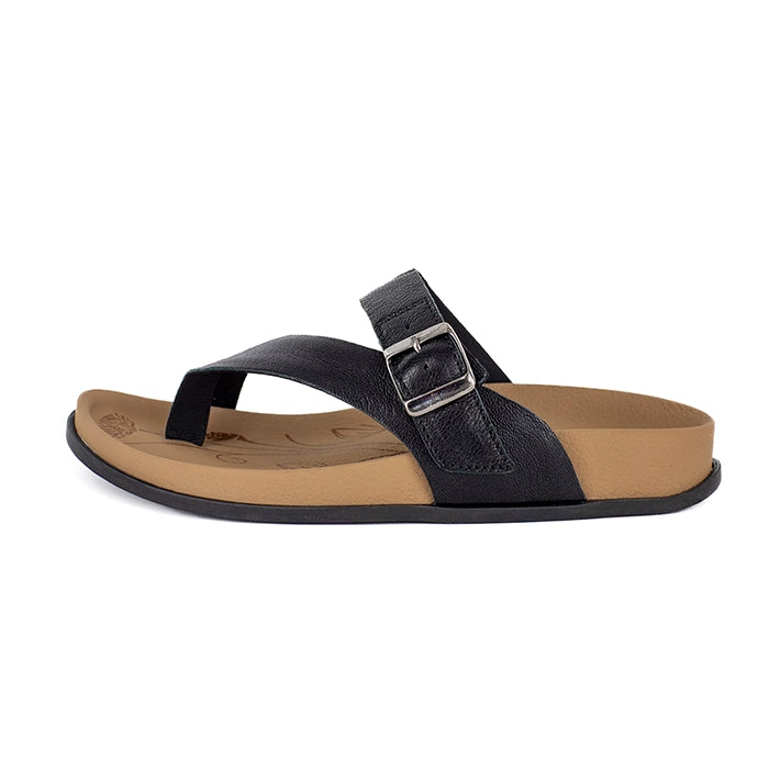 Black sandal with a beige sole on a white background