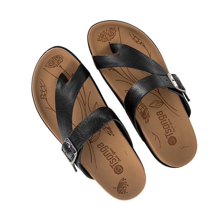 Pair of black sandals with beige soles on a white background