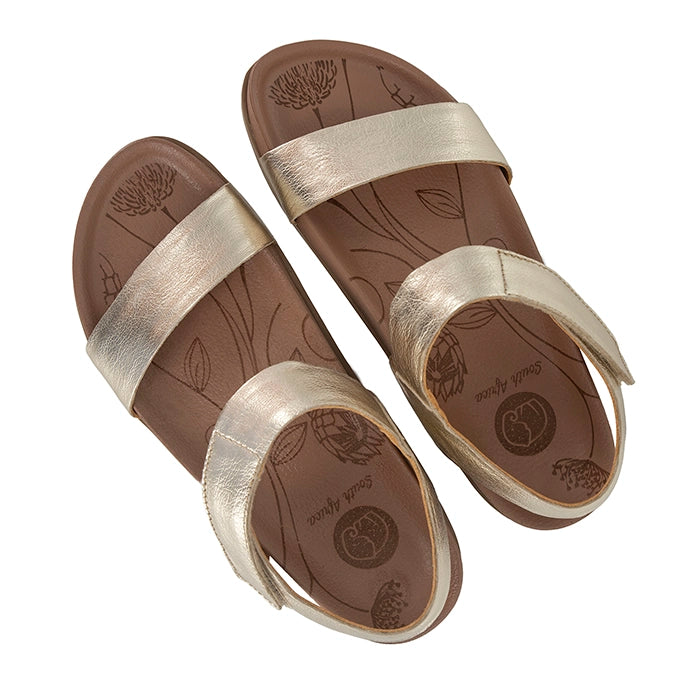 Pair of brown sandals with gold straps on a white background