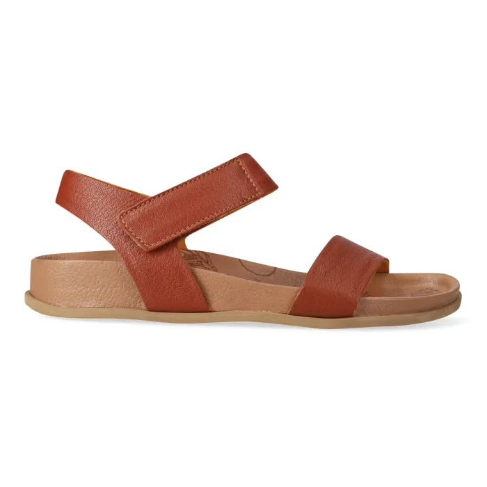 Brown sandal with criss-cross straps on a white background