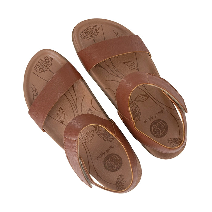 Pair of brown sandals with floral patterns on a white background