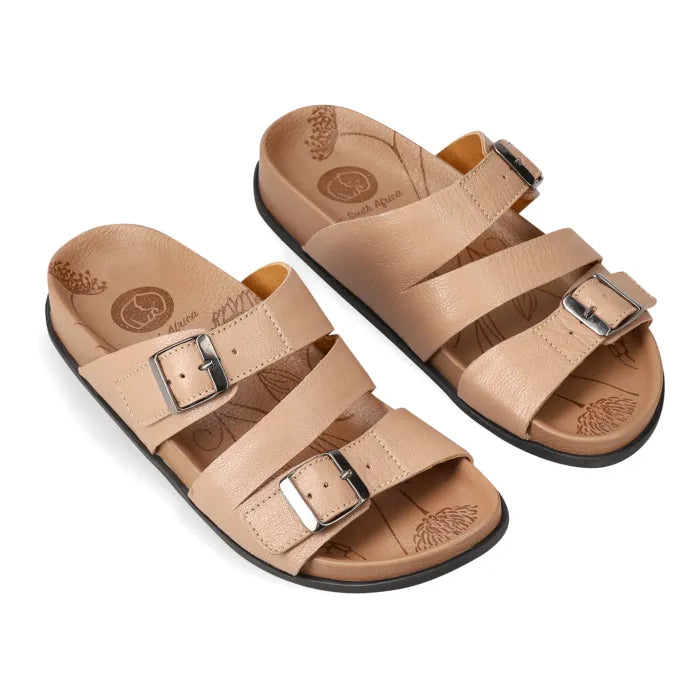 Pair of tan sandals with buckles on a white background