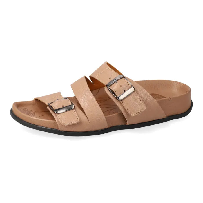 Tan sandal with two straps and a buckle on a white background