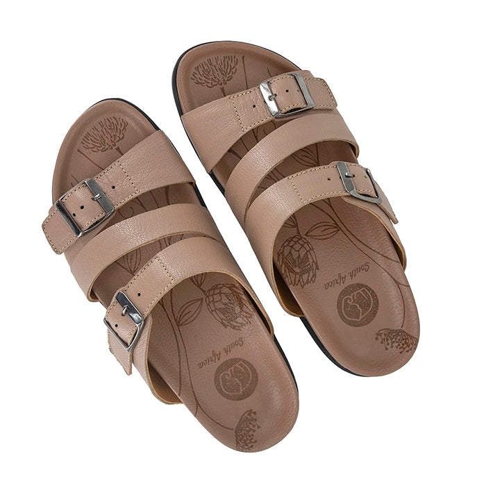 Pair of beige sandals with buckle straps on a white background