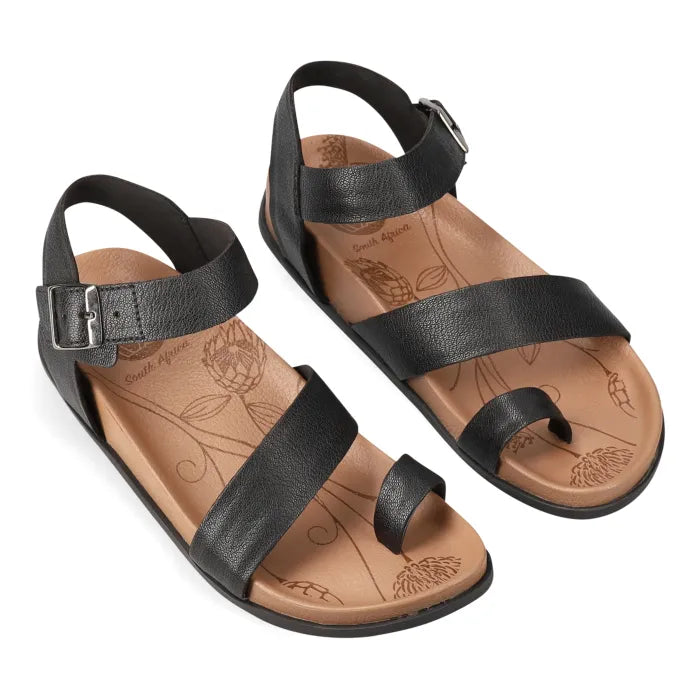 Black sandals with tan soles on a white background