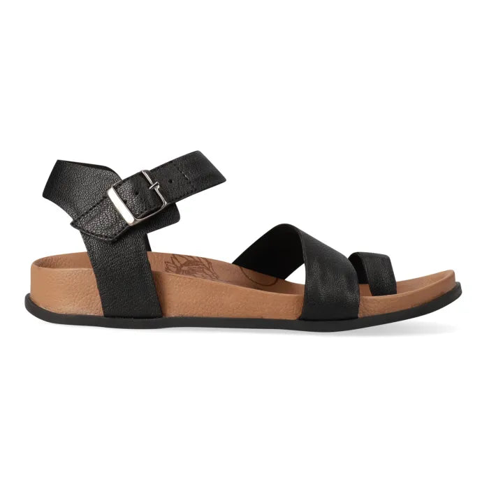 Black sandal with a brown sole on a white background