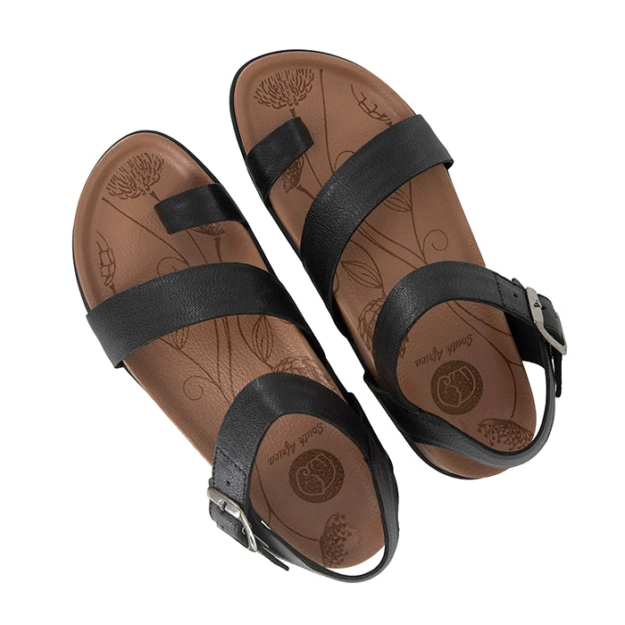 Pair of black sandals with brown soles on a white background