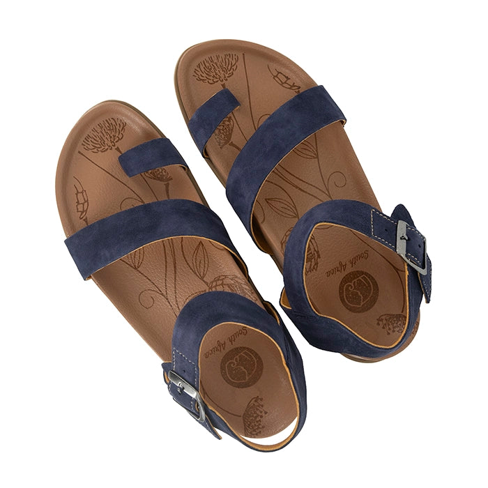 Pair of blue sandals with brown soles on a white background