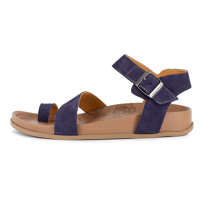 Navy sandal with a buckle on a white background