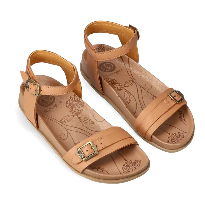 Pair of tan sandals with floral designs on a white background