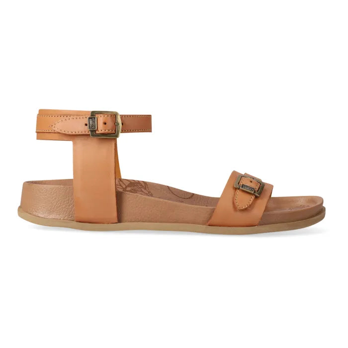 Tan sandal with a strap and buckle on a white background