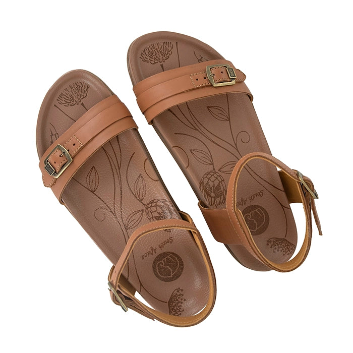 Pair of brown sandals with floral patterns on a white background
