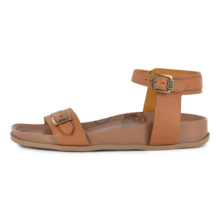 Tan sandal with a strap and buckle on a white background