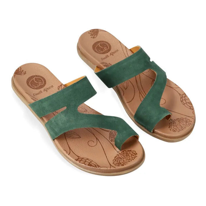Pair of green sandals with tan soles on a white background
