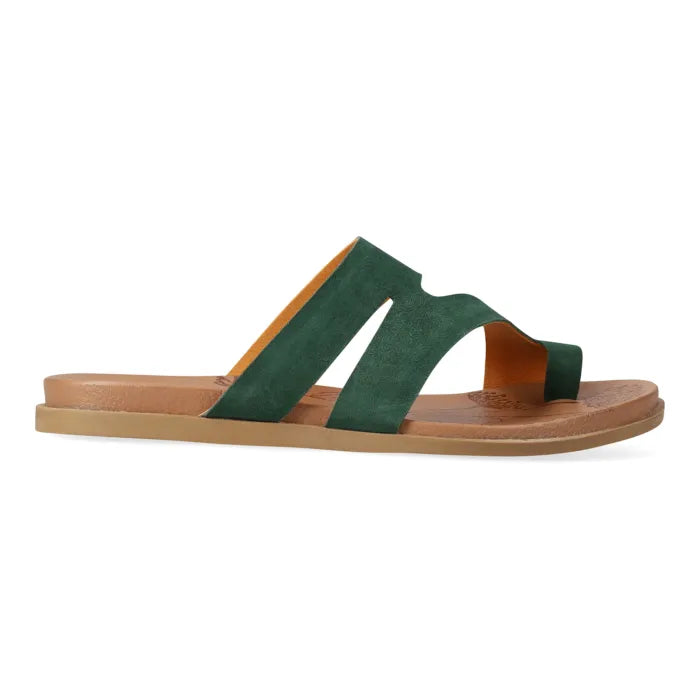 Green sandal with brown sole on a white background