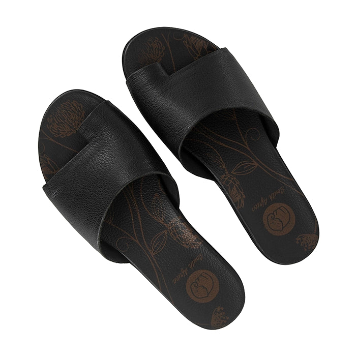 Pair of black leather slides with floral patterns on a white background