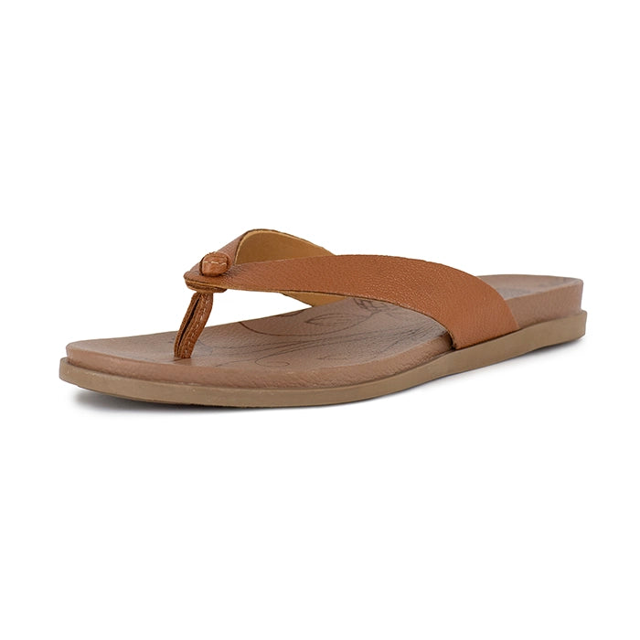 Tan sandal with a thong design on a white background