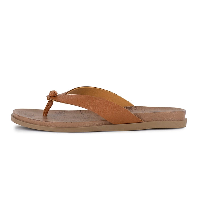 Tan sandal with a single strap on a white background