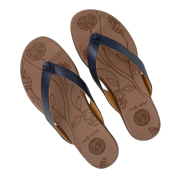 Pair of navy flip-flops on a white background