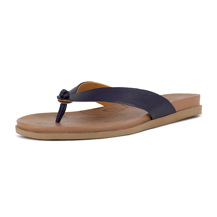 Navy sandal with a beige sole on a white background