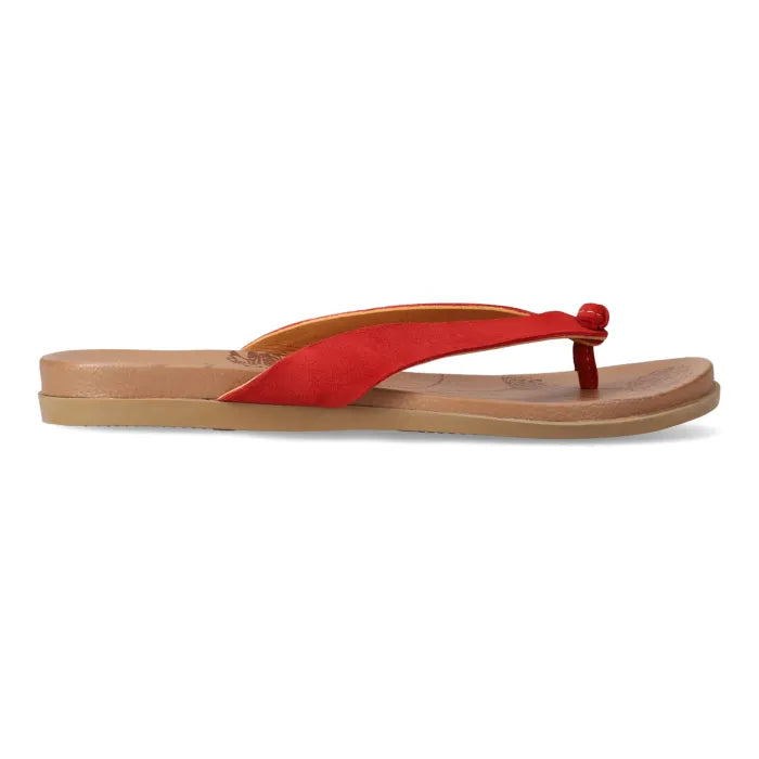 Red sandal with a tan sole on a white background