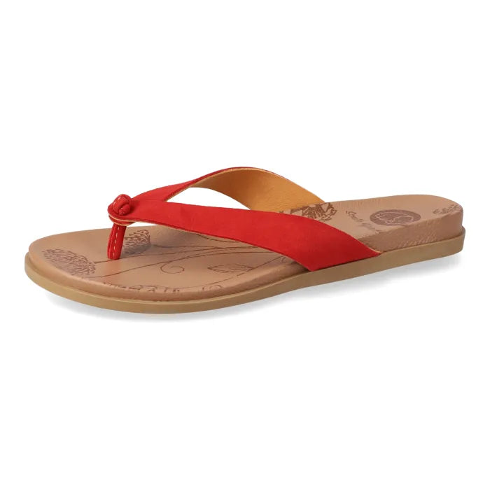 Red sandal with a tan sole on a white background