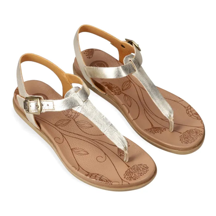 Gold sandal with gold buckle.