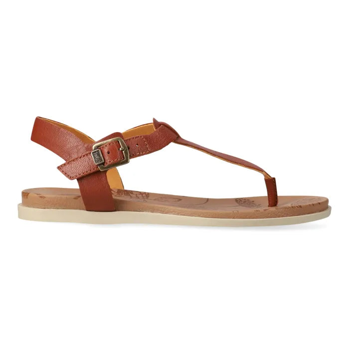Brown sandal with gold buckle.