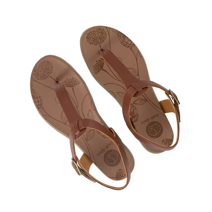 Pair of brown sandals with floral patterns on a white background