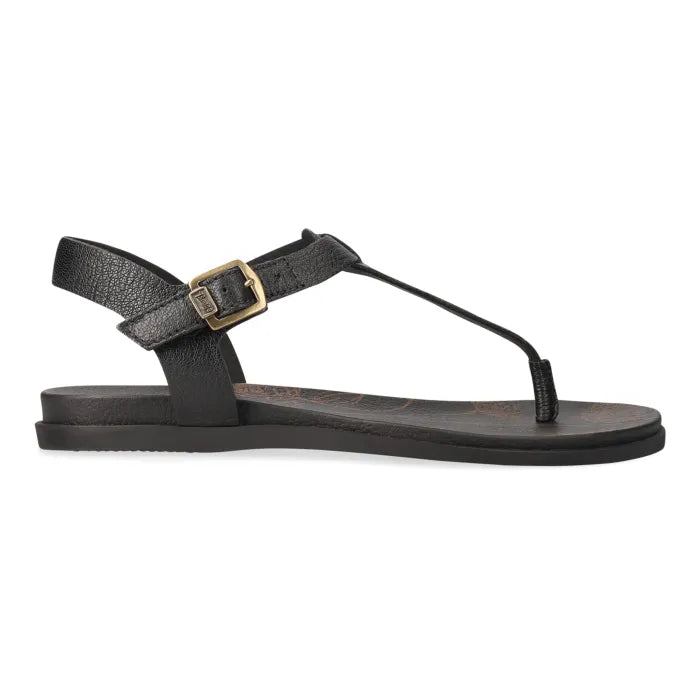 Black sandal with a gold buckle.