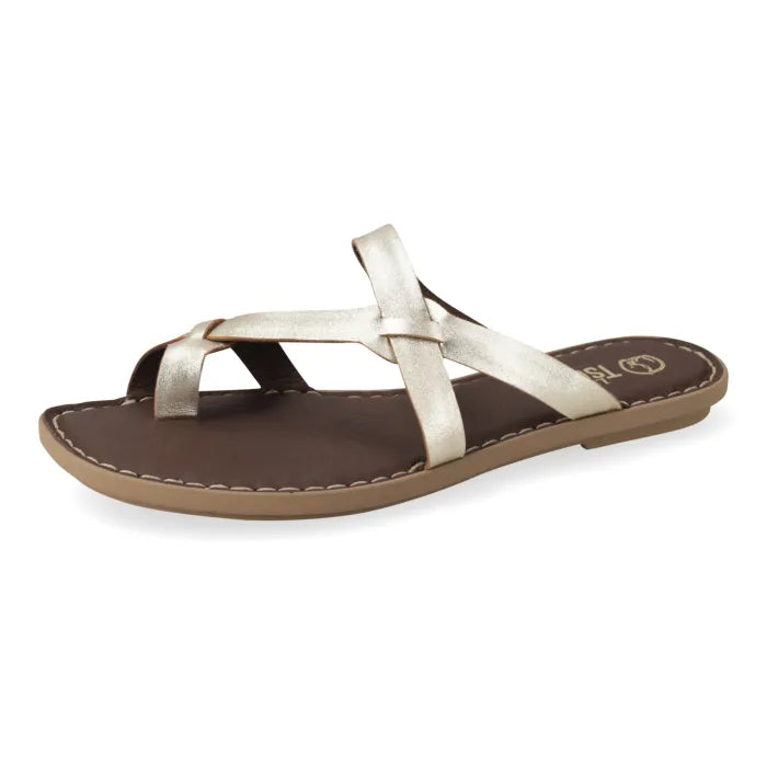 A single women's flat thong sandal with metallic champagne-gold straps and a dark brown footbed, shown from a side profile on a white background.