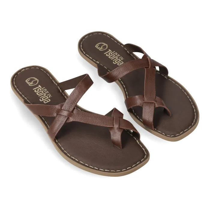 A pair of brown leather thong sandals with braided toe straps and contrast stitching, displayed on a clean white background. The brand name 'Tsonga' is printed on the footbed.