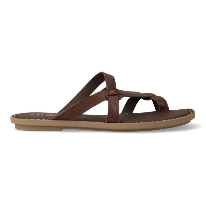 A single brown leather thong sandal with multiple crisscrossing straps and a flat tan sole, shown in a side profile on a white background.