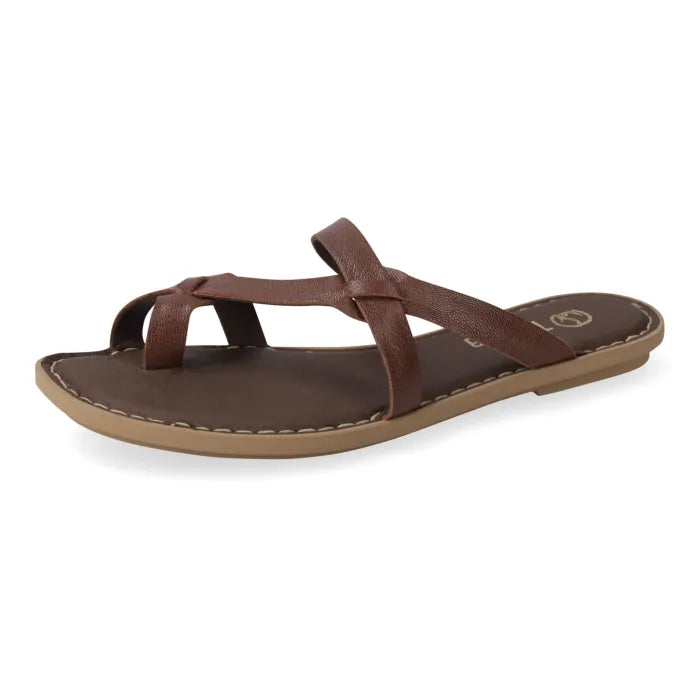 A brown leather thong sandal with a flat sole, shown from a side profile view on a white background.