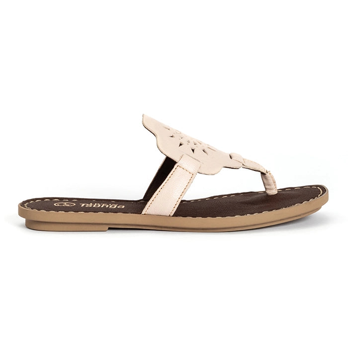 A single Tsonga flat thong sandal shown in profile against a white background. The sandal features a light beige leather strap with a decorative cutout on a dark brown footbed, and a tan outsole.