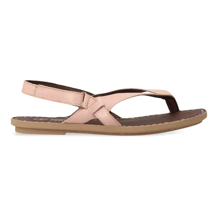 A single women's flat thong sandal in a light pink leather, featuring a brown footbed and sole, shown from a side profile on a white background.