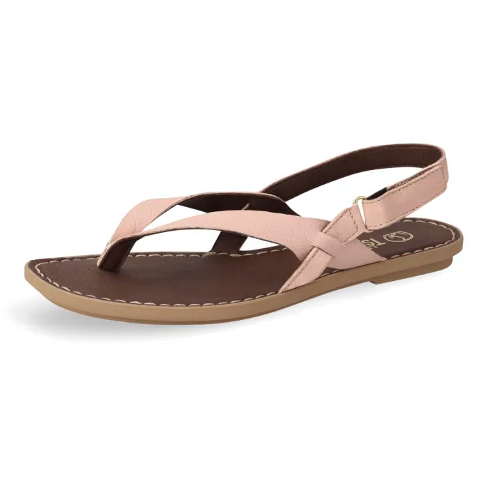 A single women's flat thong sandal in light pink with a dark brown footbed and strap lining, shown from a side angle on a white background.