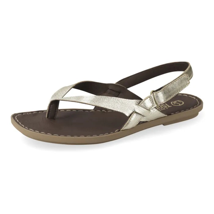 A single women's flat thong sandal with metallic silver straps and a dark brown footbed, shown from a side profile on a white background.