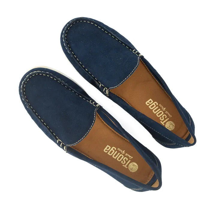 Pair of navy blue loafers on a white background