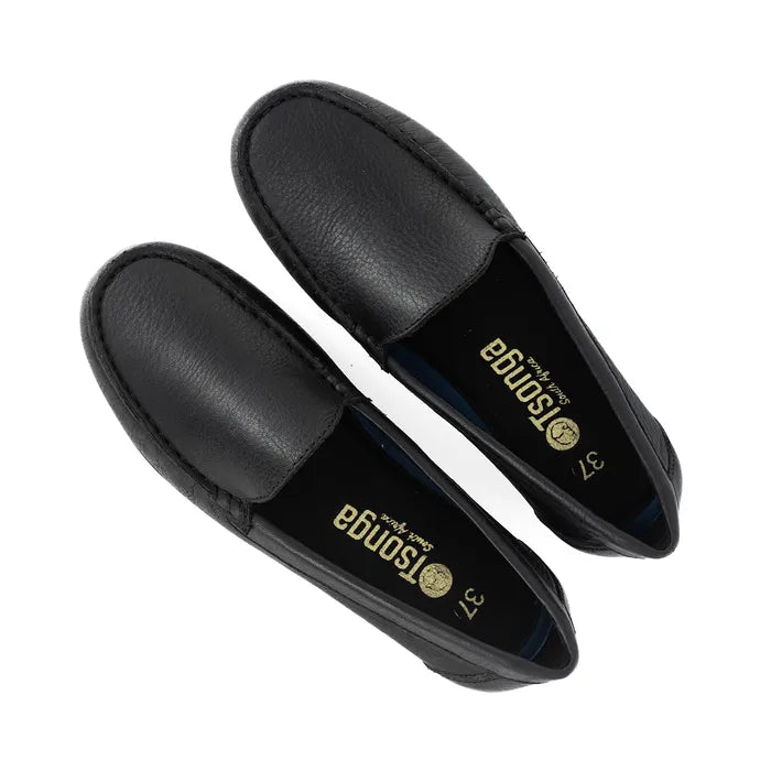 Pair of black slippers with 'Tsonga' branding on a white background