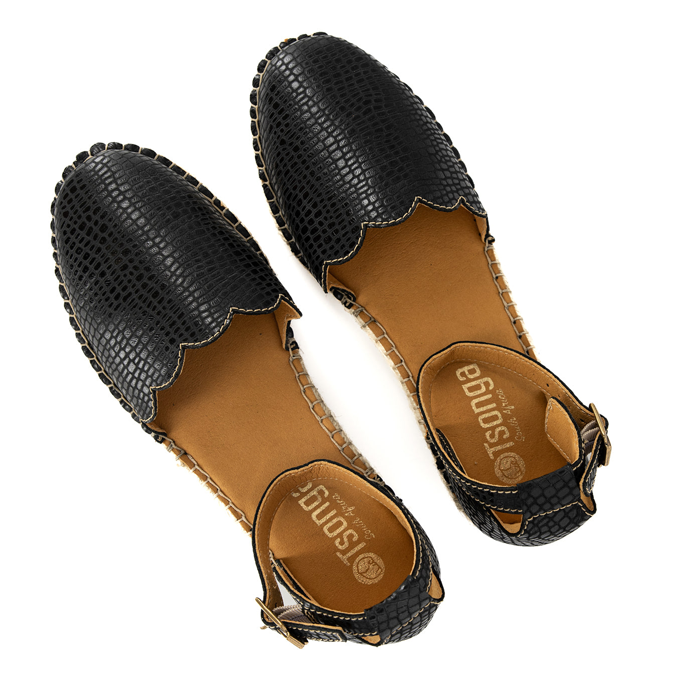 Inkantolo : Ladies Leather Wedge Espadrille in Black Coco Lux