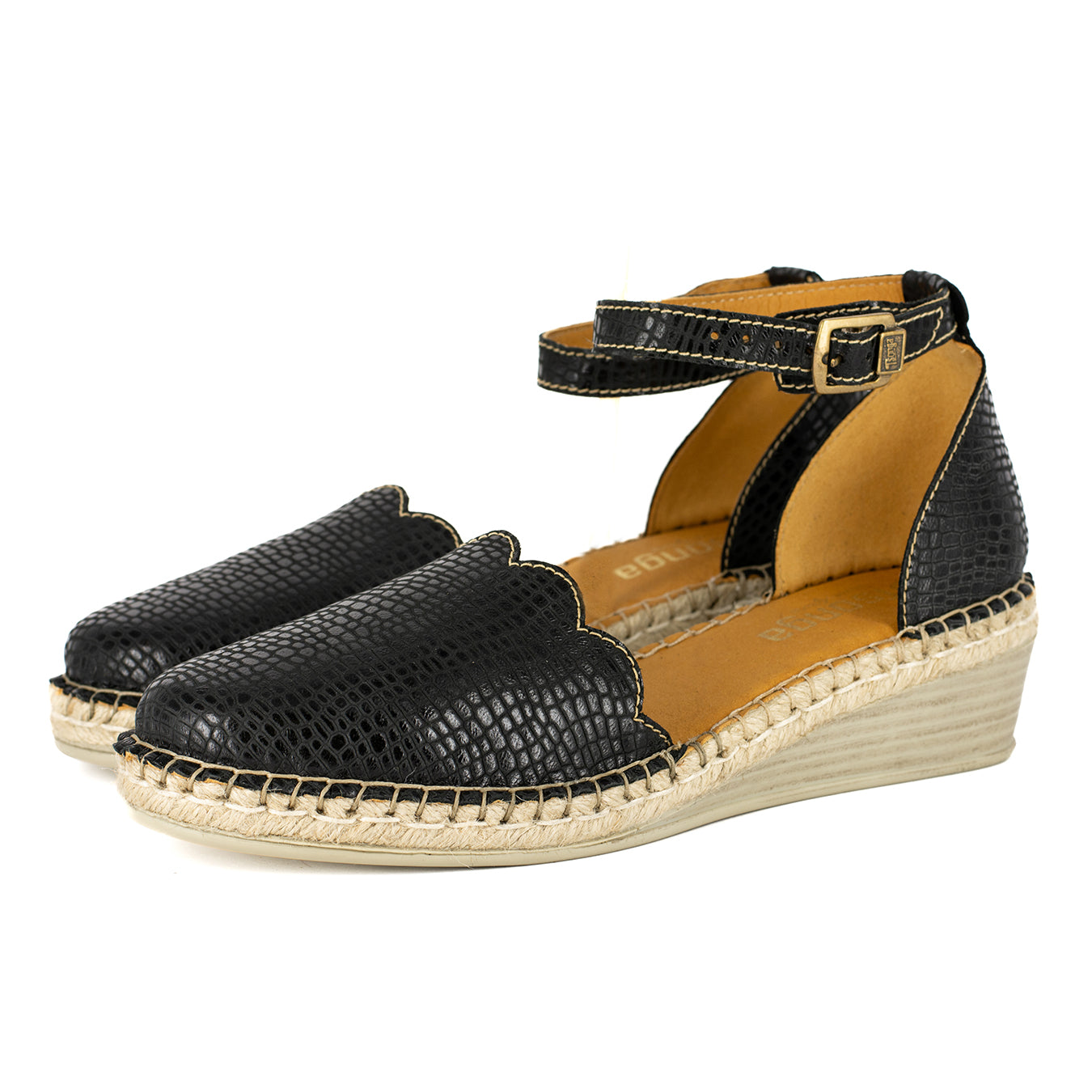 Inkantolo : Ladies Leather Wedge Espadrille in Black Coco Lux