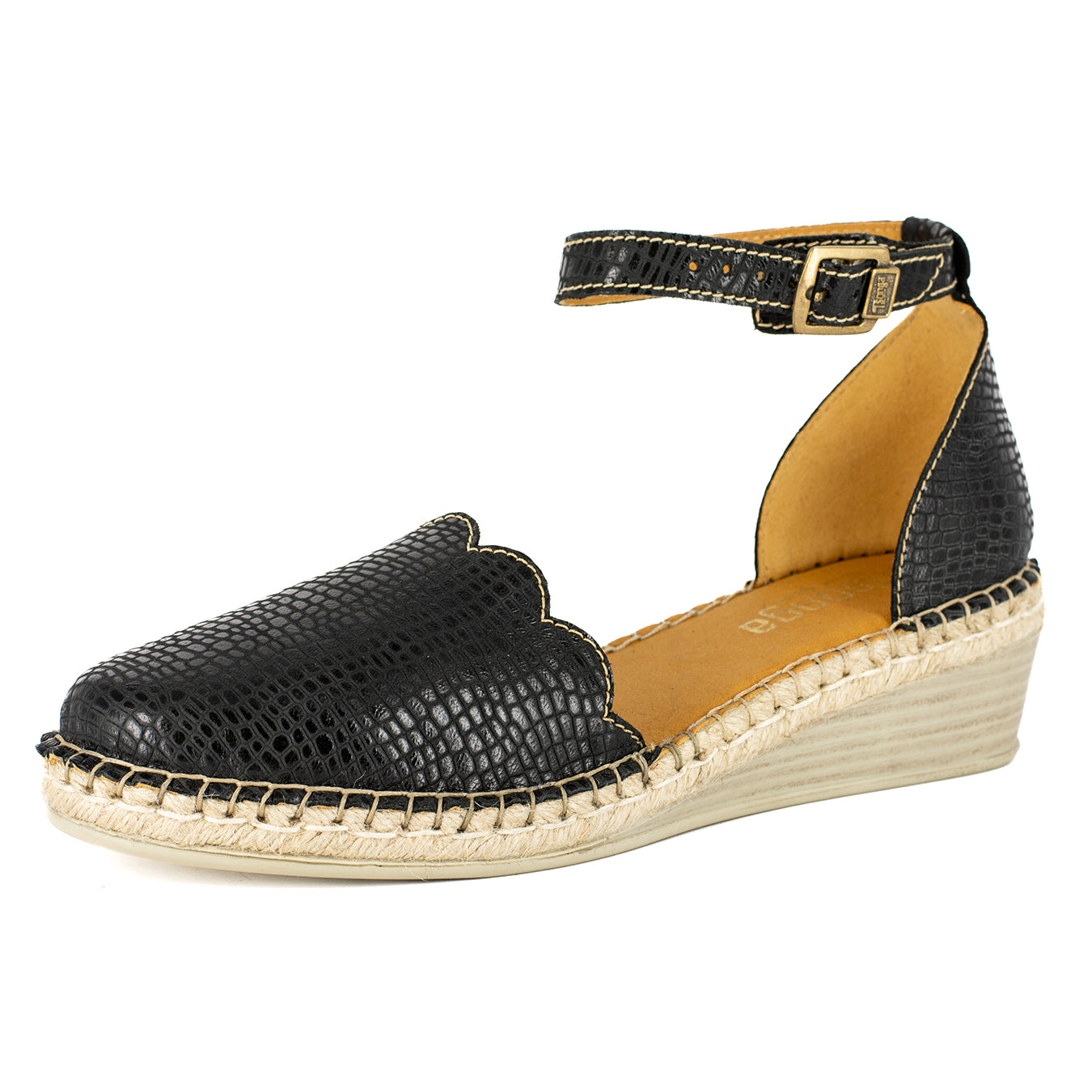 Inkantolo : Ladies Leather Wedge Espadrille in Black Coco Lux