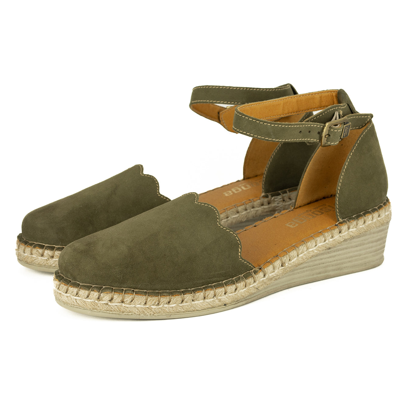 Inkantolo : Ladies Leather Wedge Espadrille in Olive Velutto