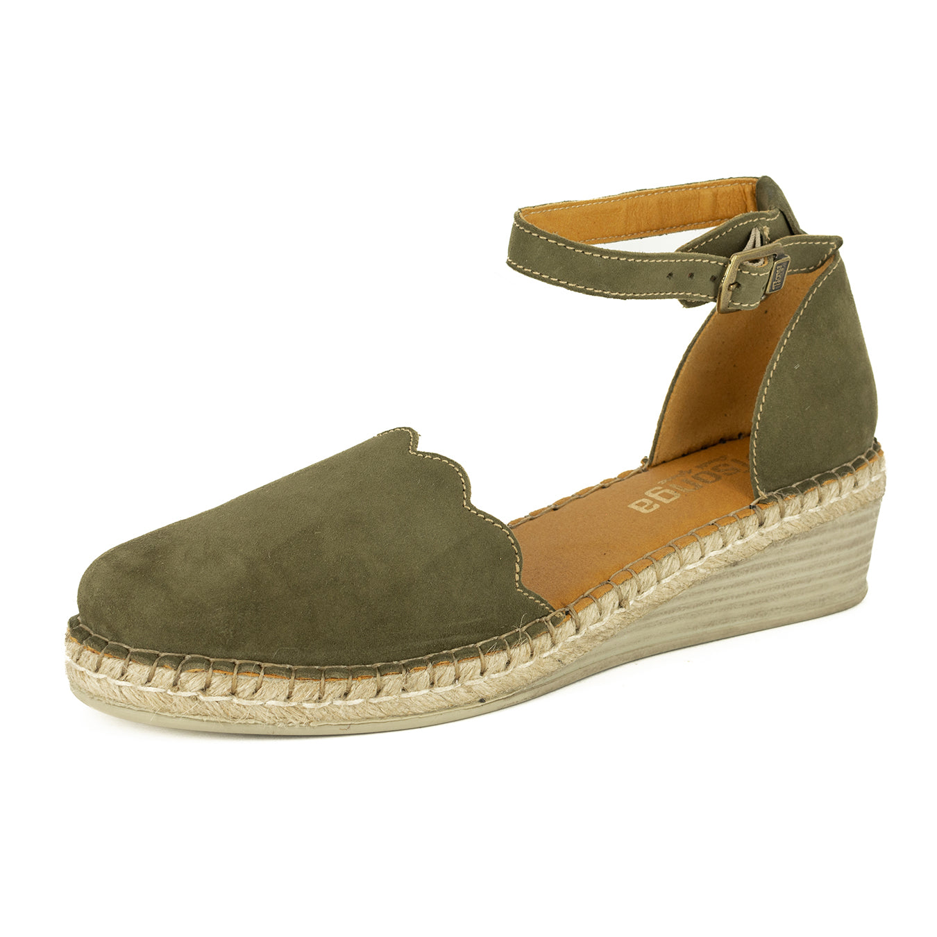 Inkantolo : Ladies Leather Wedge Espadrille in Olive Velutto