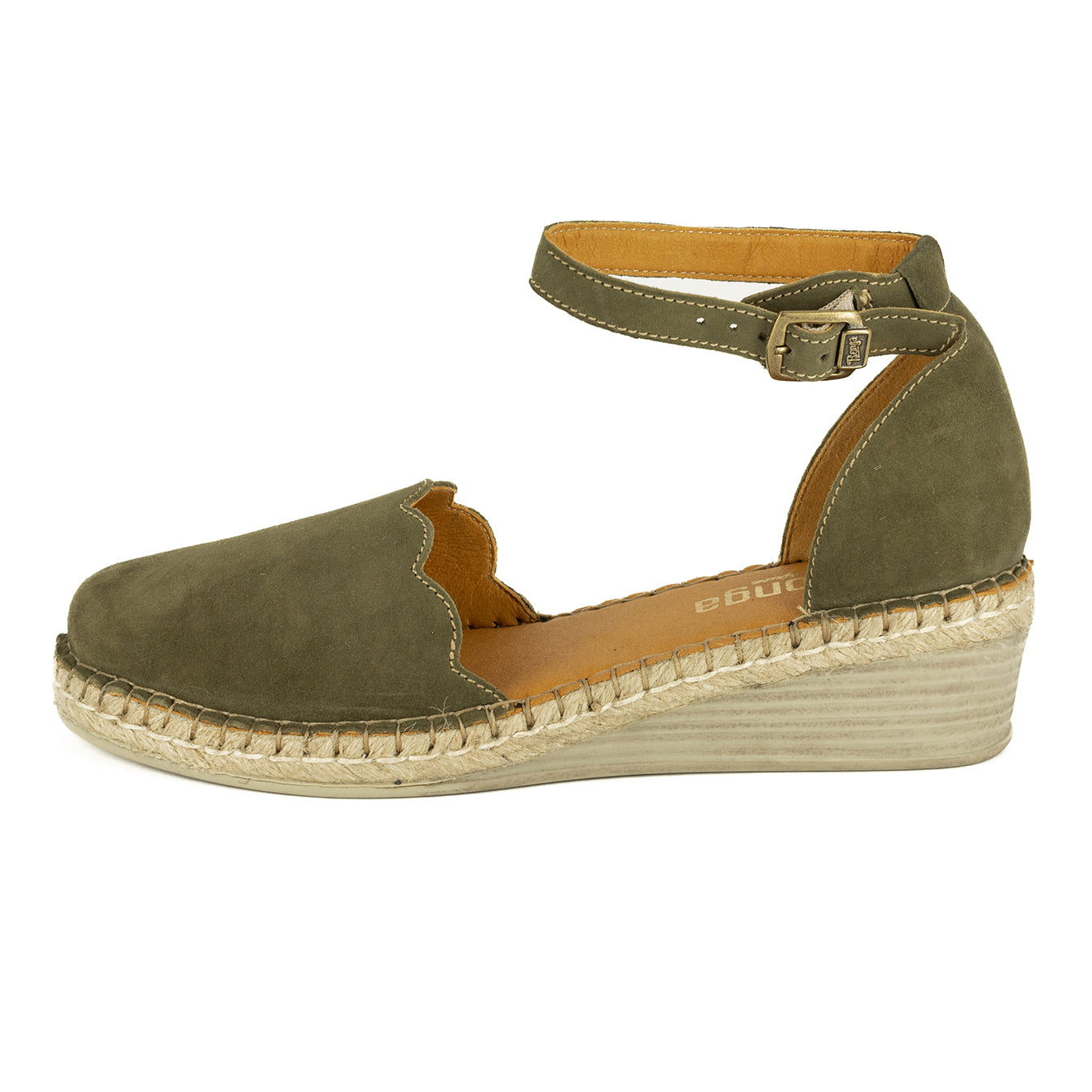 Inkantolo : Ladies Leather Wedge Espadrille in Olive Velutto