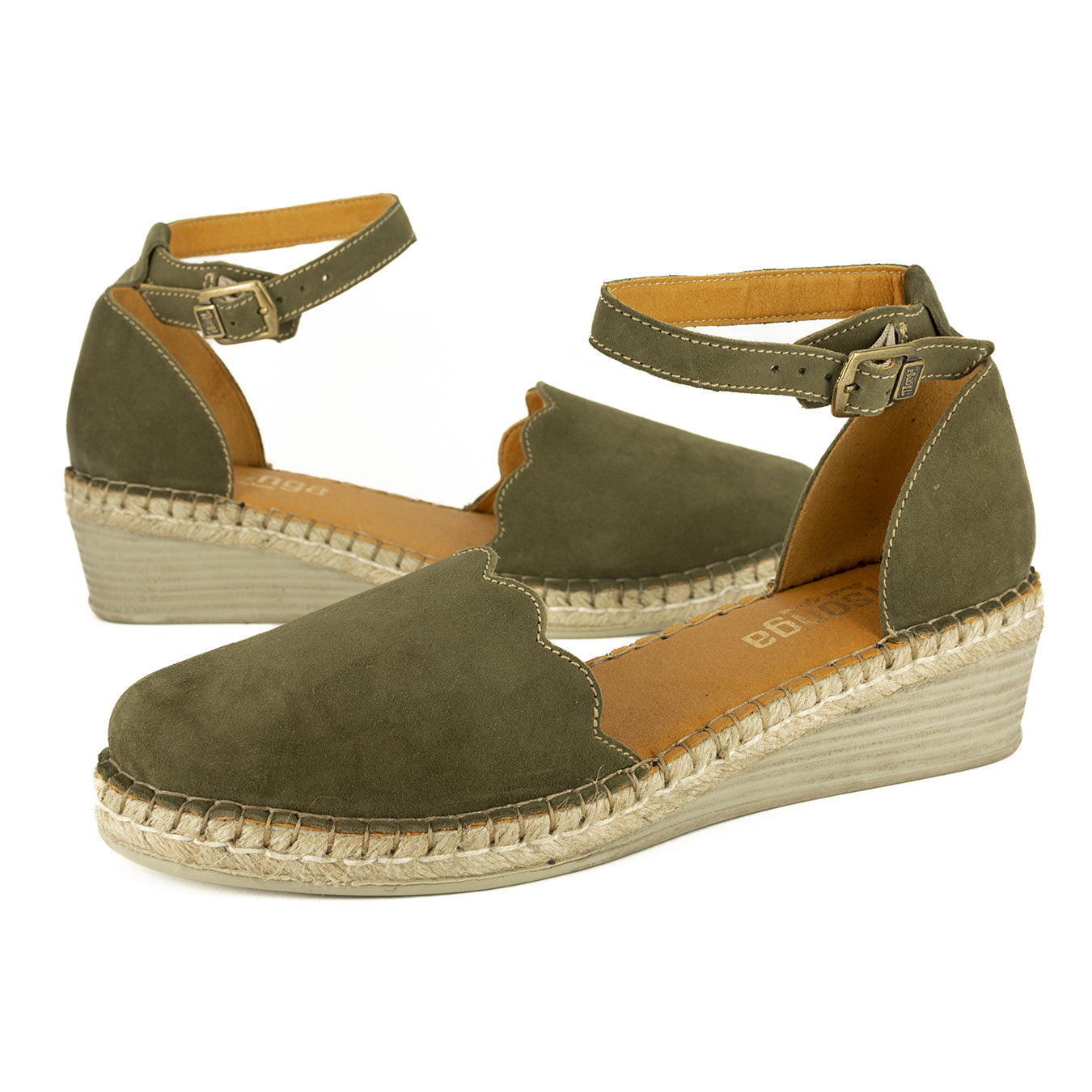 Inkantolo : Ladies Leather Wedge Espadrille in Olive Velutto